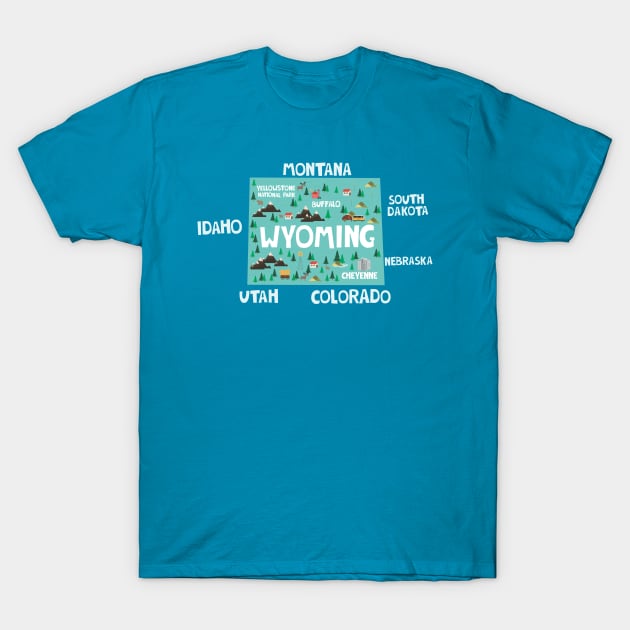 Wyoming Illustrated Map T-Shirt by JunkyDotCom